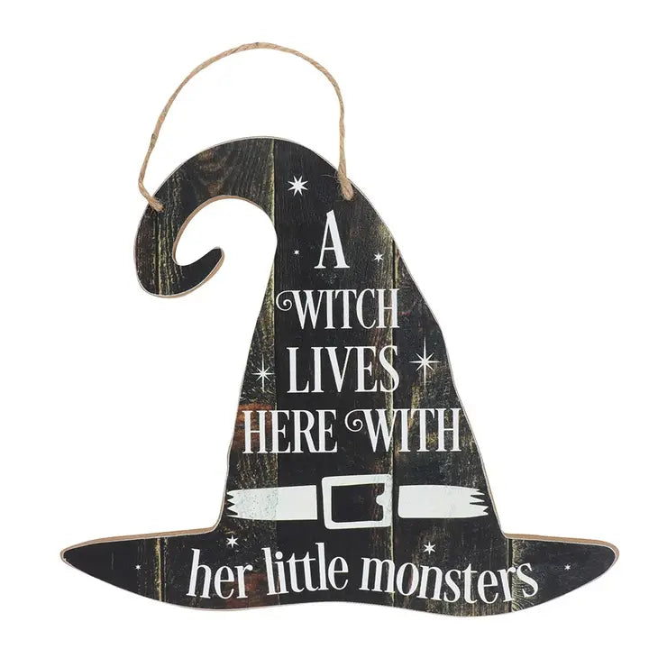 A Witch Lives Here Hanging Halloween Sign