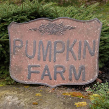 Load image into Gallery viewer, Metal Distressed Pumpkin Farm Crest Sign