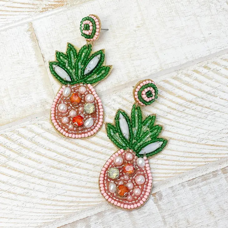 Pink Pearl Pineapple Beaded Dangle Earrings