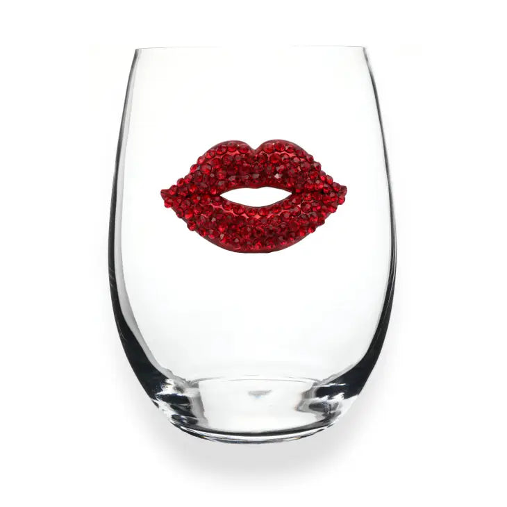 Red Lips Jeweled Stemless Wine Glass