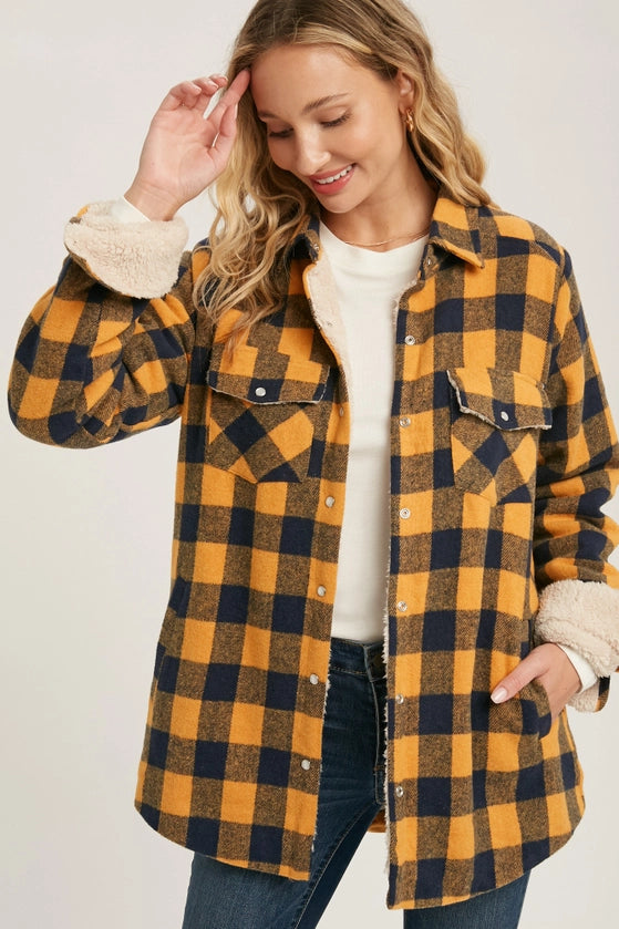 Buffalo Plaid Sherpa Lined Jacket - Mustard
