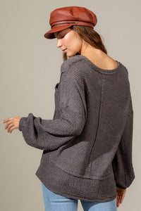 V-Neck Waffle Knit Top-Charcoal