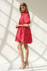 Puff Sleeve Tiered Dress, Red