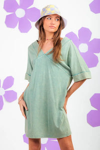 Acid Wash V-Neck Shirt Dress, Sage