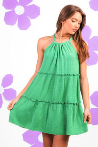 Double Gauze Halter Mini Dress-Green