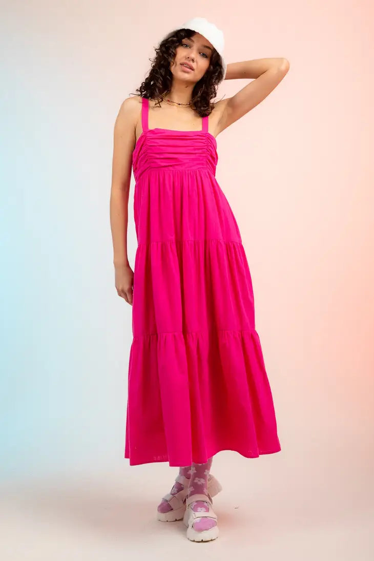 Multi-Tiered Midi Dress, Hot Pink